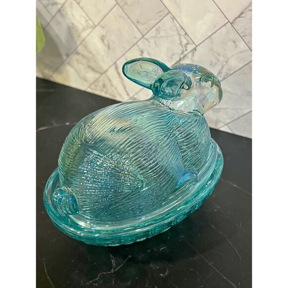 Teal Iridescent Glass Bunny Covered Dish – Hen on Nest Style - Picture 6 of 6